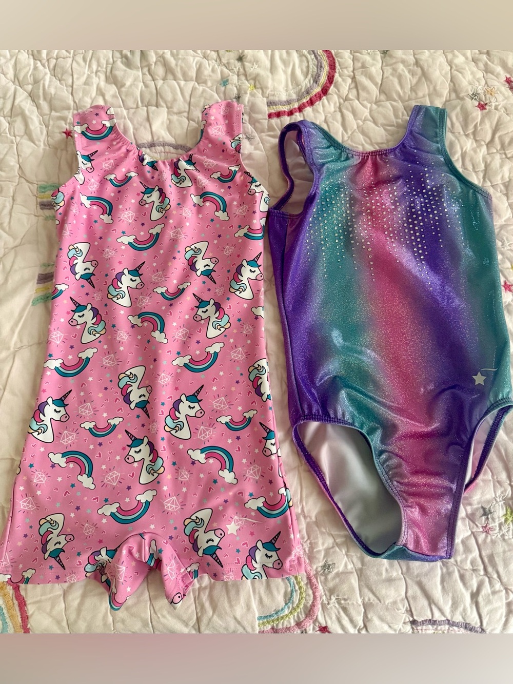 2 Deatira Gymnastics sets - unicorn and sparkle, like new, size 6 small